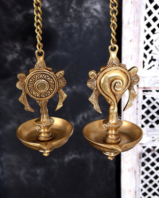 Brass Hanging Shankh and Chakra Lamp with Single Diya — Unique Design - Budhshiv.com