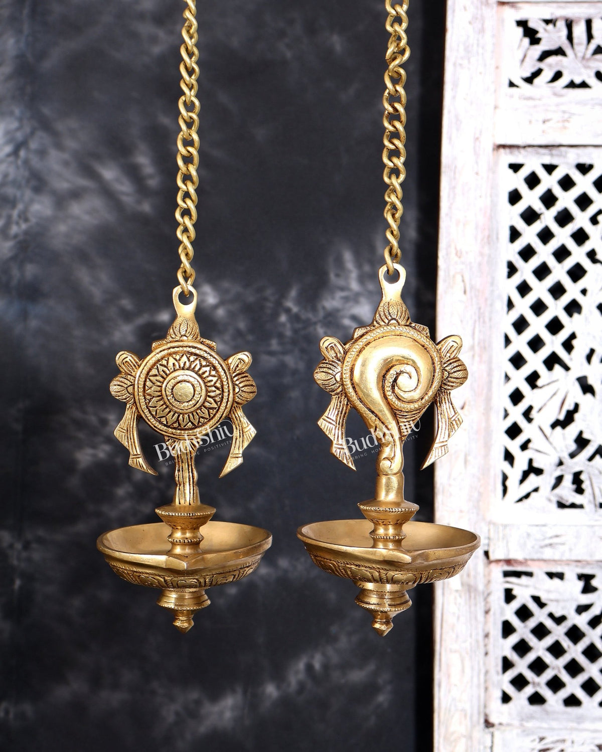 Brass Hanging Shankh and Chakra Lamp with Single Diya — Unique Design - Budhshiv.com