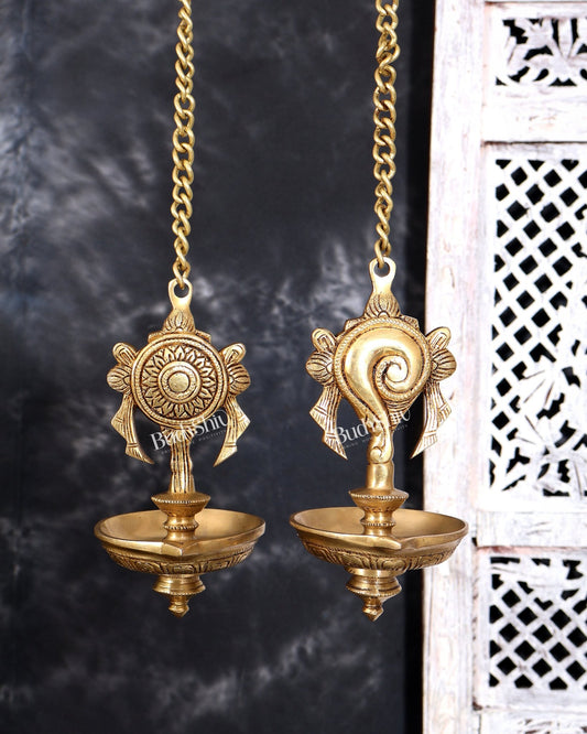 Brass Hanging Shankh and Chakra Lamp with Single Diya — Unique Design - Budhshiv.com