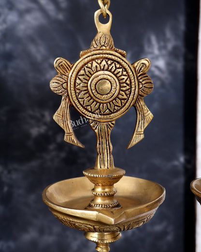 Brass Hanging Shankh and Chakra Lamp with Single Diya — Unique Design - Budhshiv.com