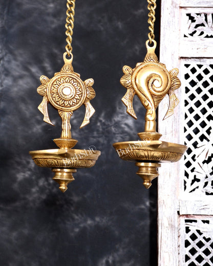 Brass Hanging Shankh and Chakra Lamp with Single Diya — Unique Design - Budhshiv.com