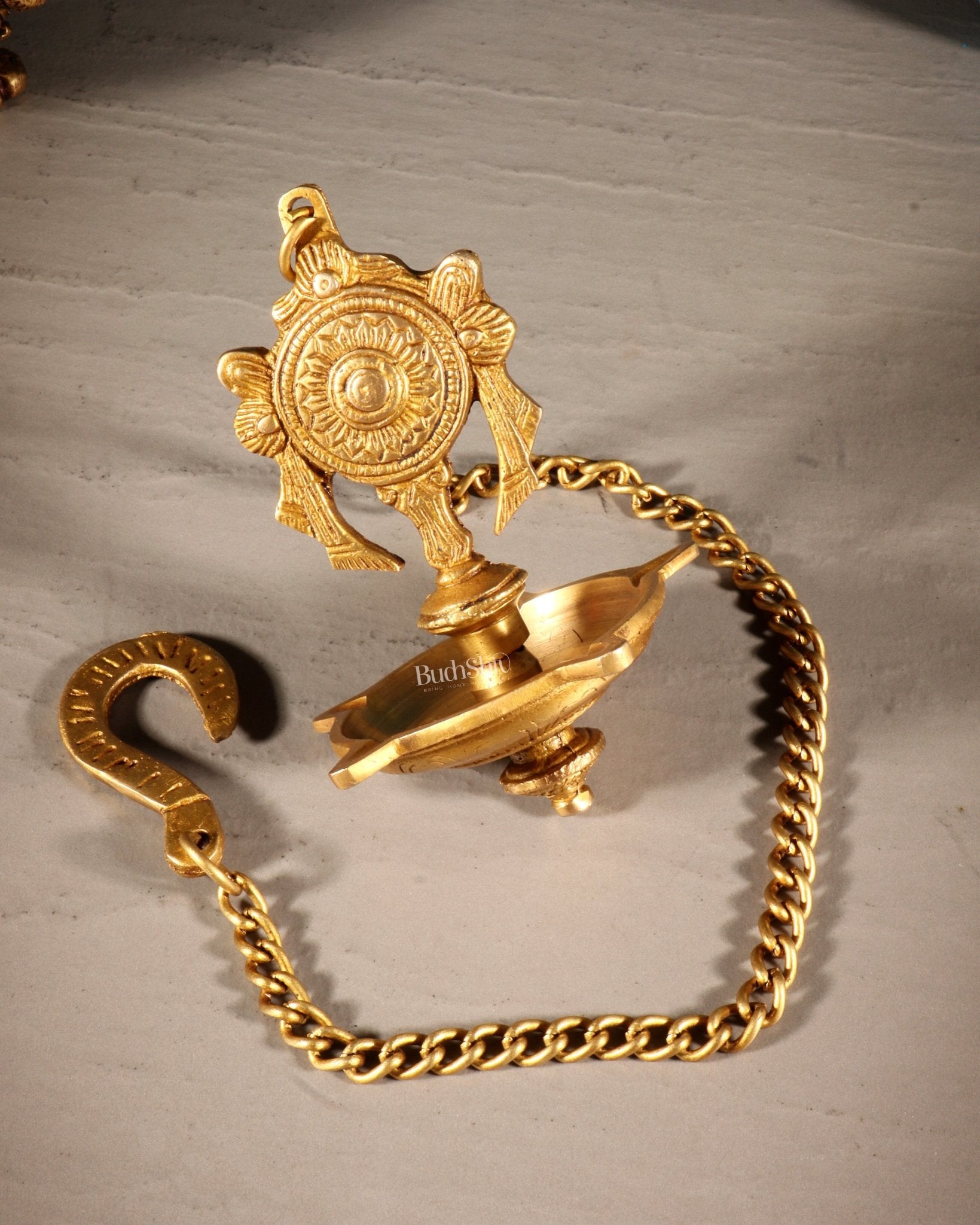 Brass Hanging Shankh Chakra Oil Lamps (Pair) with Chain – Traditional Diya Set - Budhshiv.com