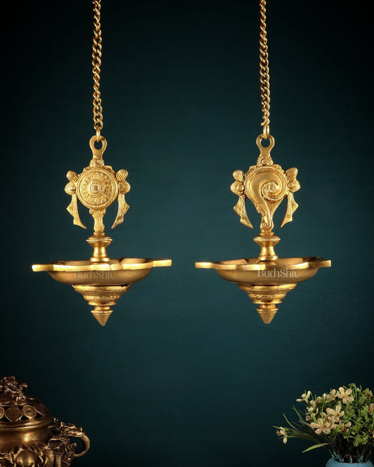Brass Hanging Shankh Chakra Oil Lamps (Pair) with Chain – Traditional Diya Set - Budhshiv.com