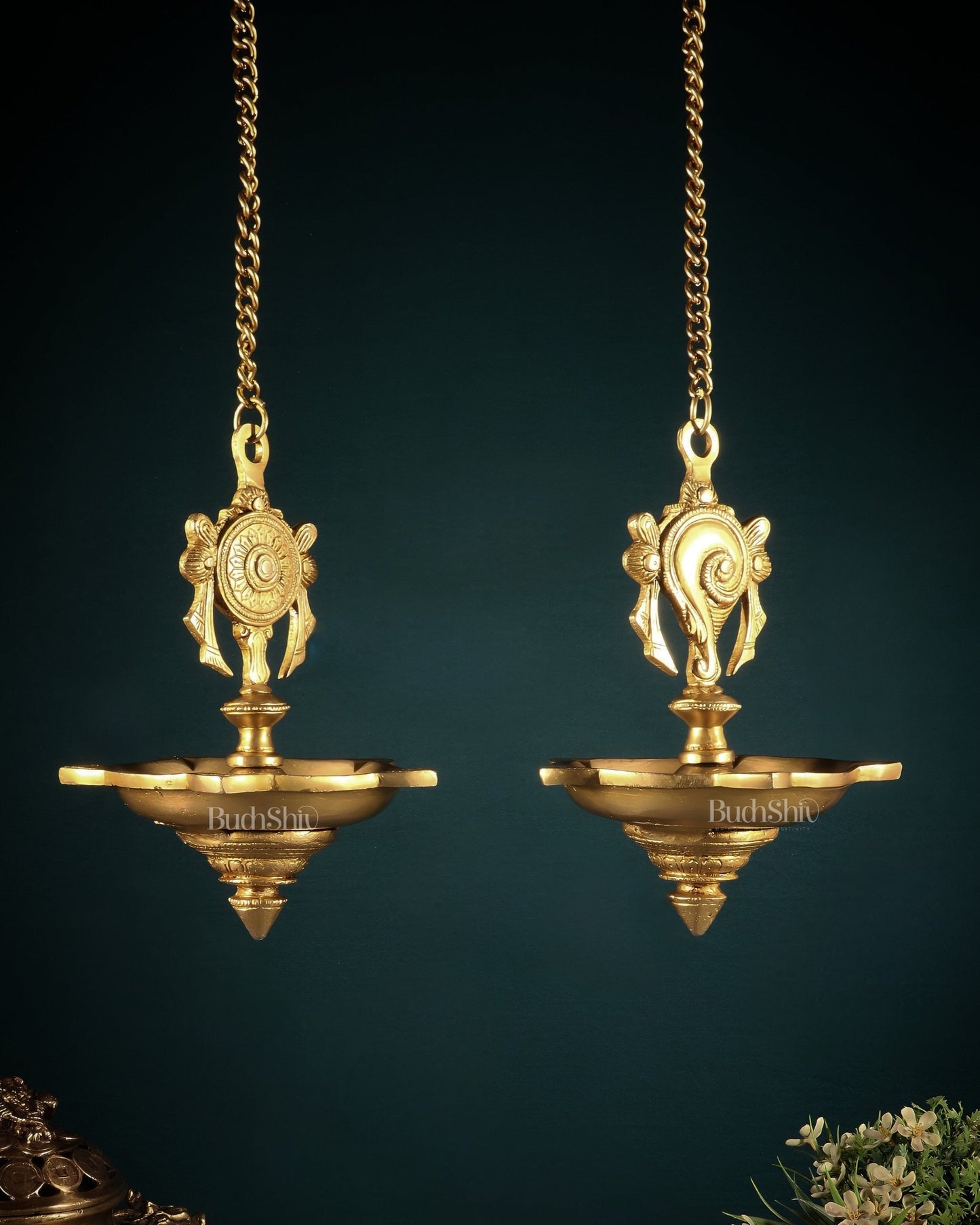 Brass Hanging Shankh Chakra Oil Lamps (Pair) with Chain – Traditional Diya Set - Budhshiv.com