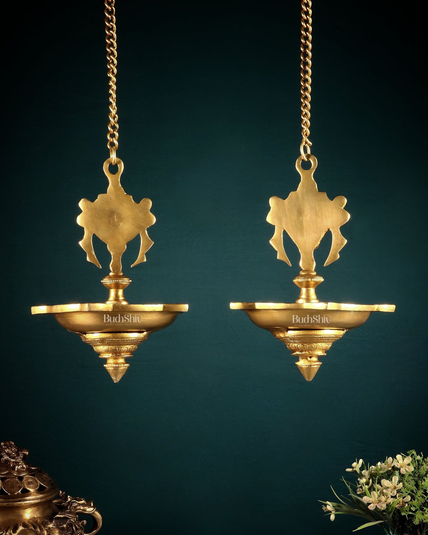 Brass Hanging Shankh Chakra Oil Lamps (Pair) with Chain – Traditional Diya Set - Budhshiv.com