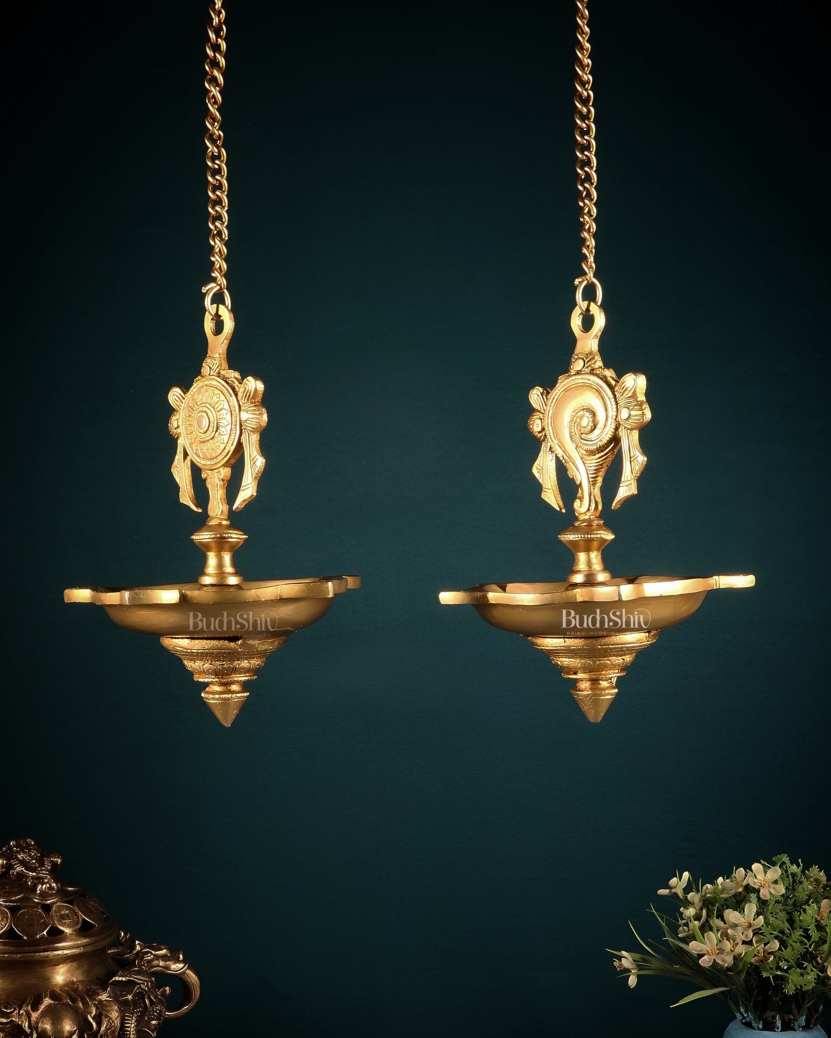 Brass Hanging Shankh Chakra Oil Lamps (Pair) with Chain – Traditional Diya Set - Budhshiv.com