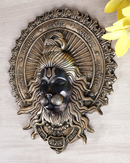 Brass Hanuman Face Wall Hanging with Jai Shri Ram Carvings | 12" black and gold - Budhshiv.com