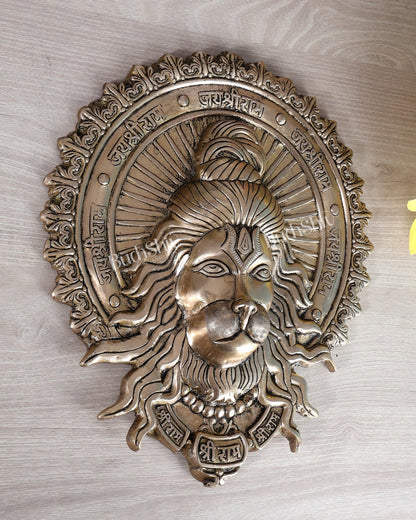 Brass Hanuman Face Wall Hanging with Jai Shri Ram Carvings | 12" - Budhshiv.com