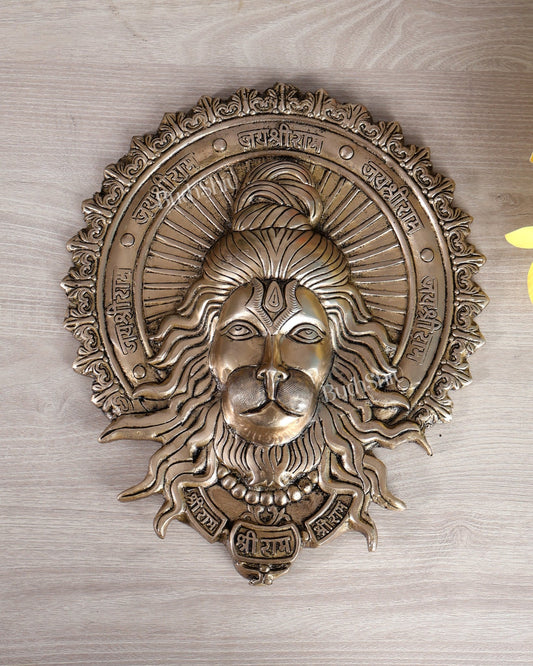Brass Hanuman Face Wall Hanging with Jai Shri Ram Carvings | 12" - Budhshiv.com