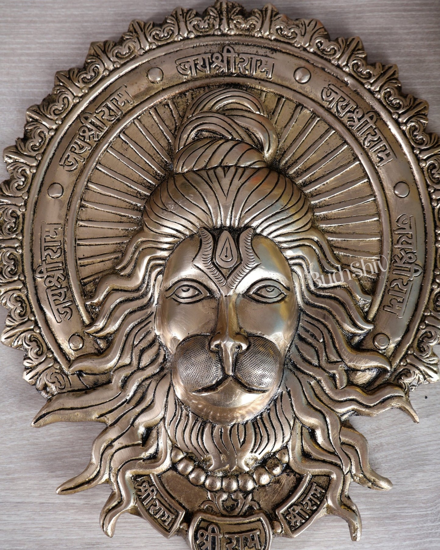 Brass Hanuman Face Wall Hanging with Jai Shri Ram Carvings | 12" - Budhshiv.com