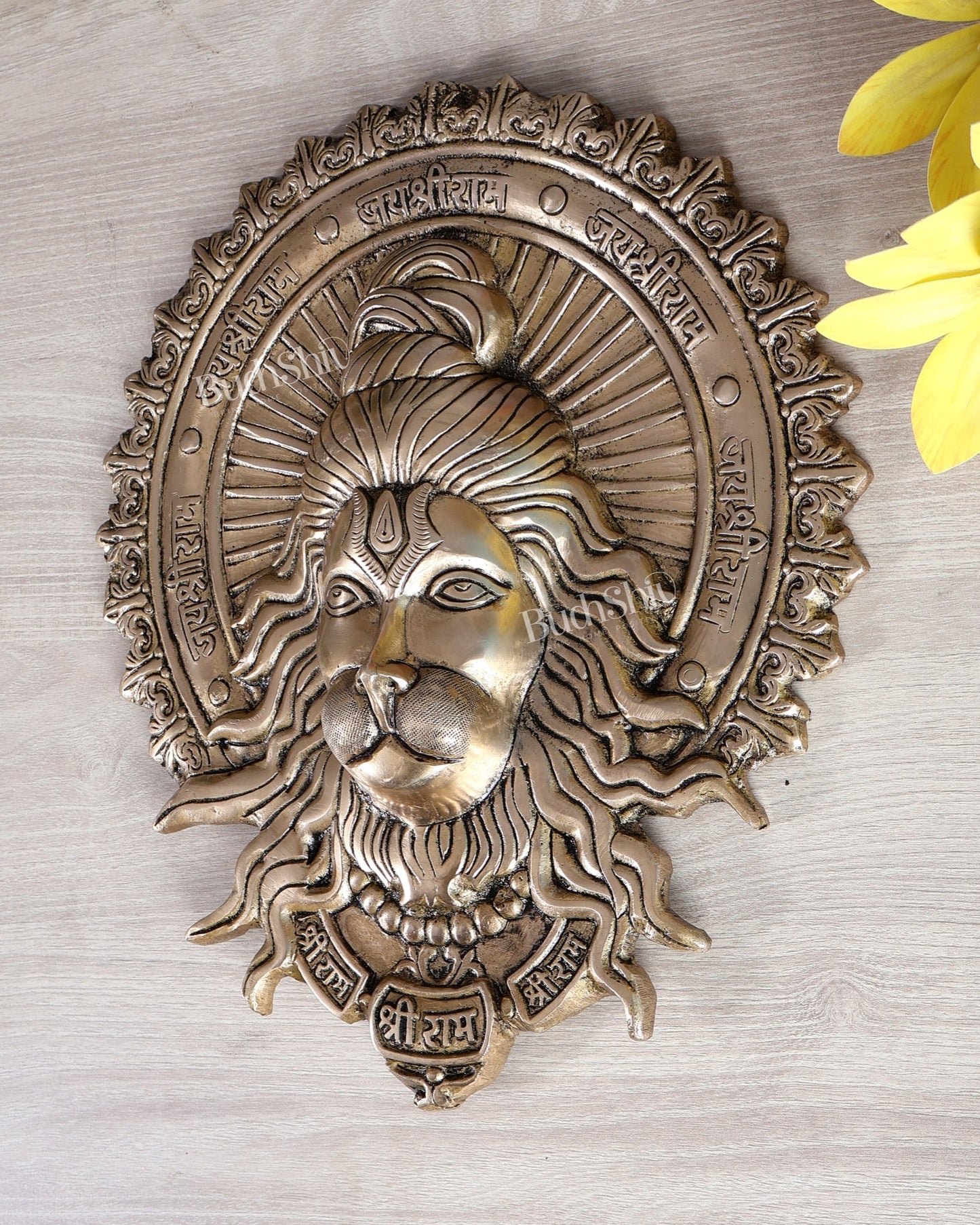 Brass Hanuman Face Wall Hanging with Jai Shri Ram Carvings | 12" - Budhshiv.com