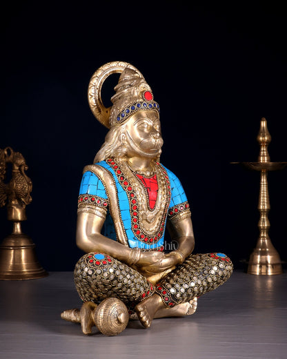 Brass Hanuman Idol in Meditation - 12 inch with stonework - Budhshiv.com