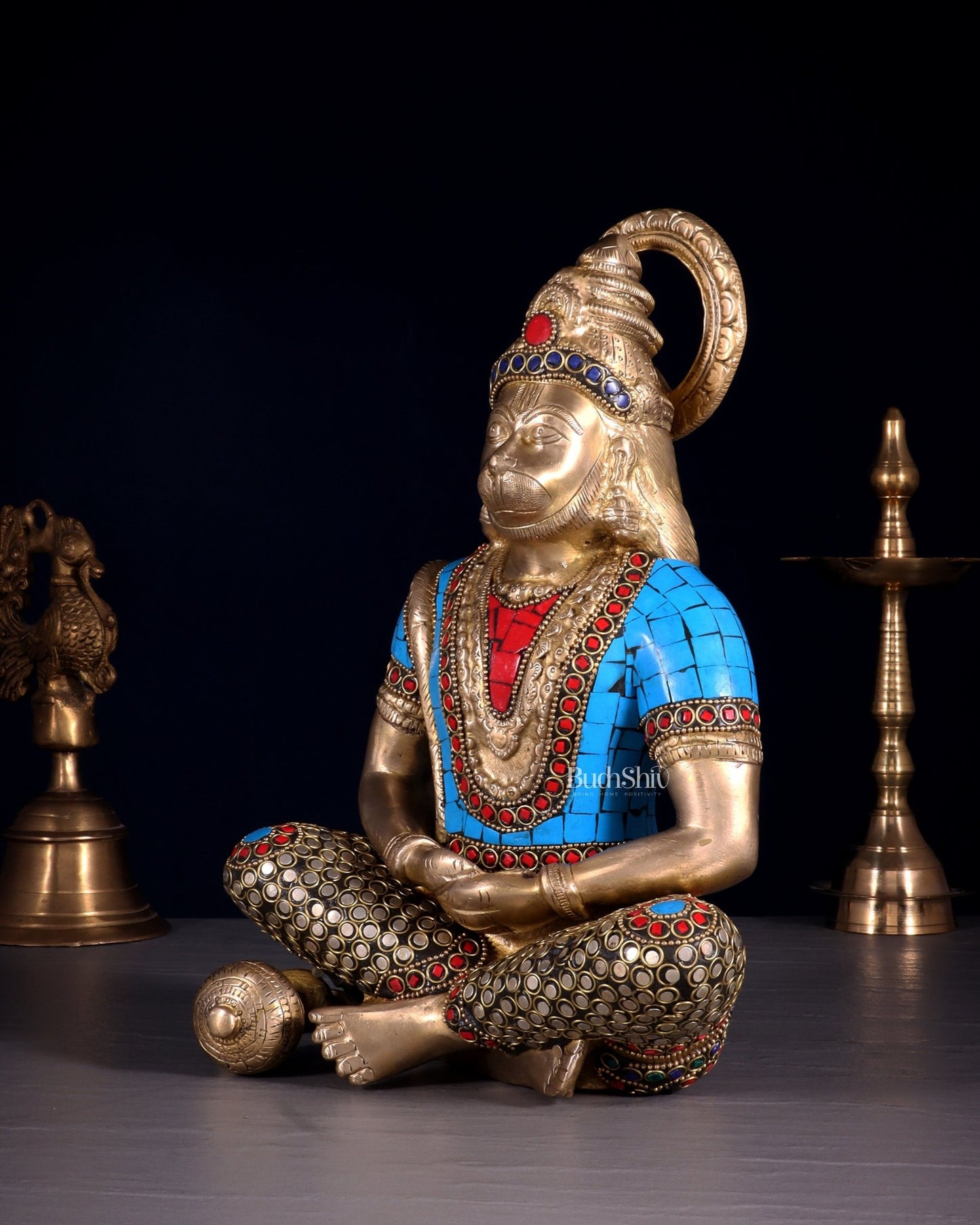 Brass Hanuman Idol in Meditation - 12 inch with stonework - Budhshiv.com