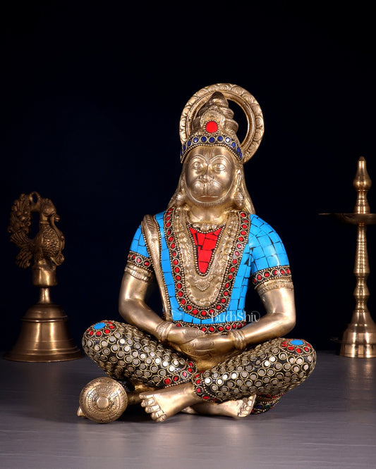 Brass Hanuman Idol in Meditation - 12 inch with stonework - Budhshiv.com