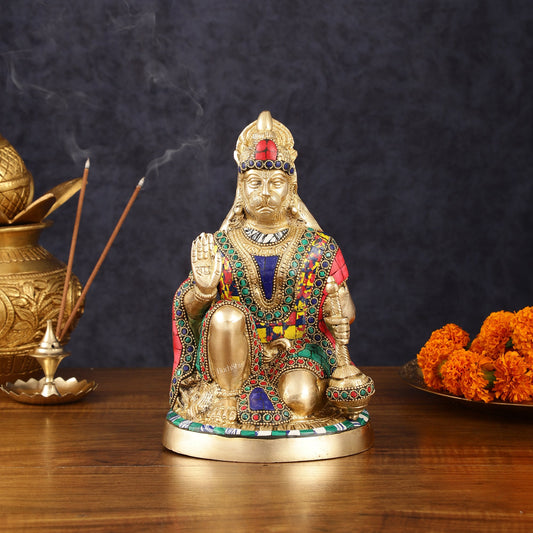 Brass Hanuman Idol with Meenakari Stonework - 9" Height, Symbol of Devotion and Strength - Budhshiv.com