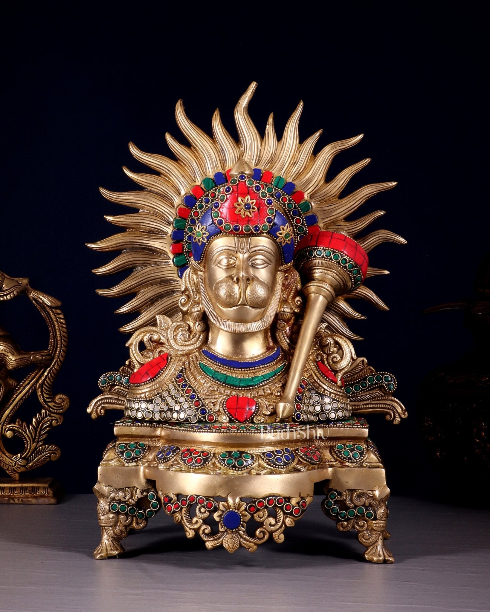 Brass Hanuman ji face statue 14" with stonework - Budhshiv.com