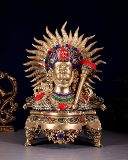 Brass Hanuman ji face statue 14" with stonework - Budhshiv.com