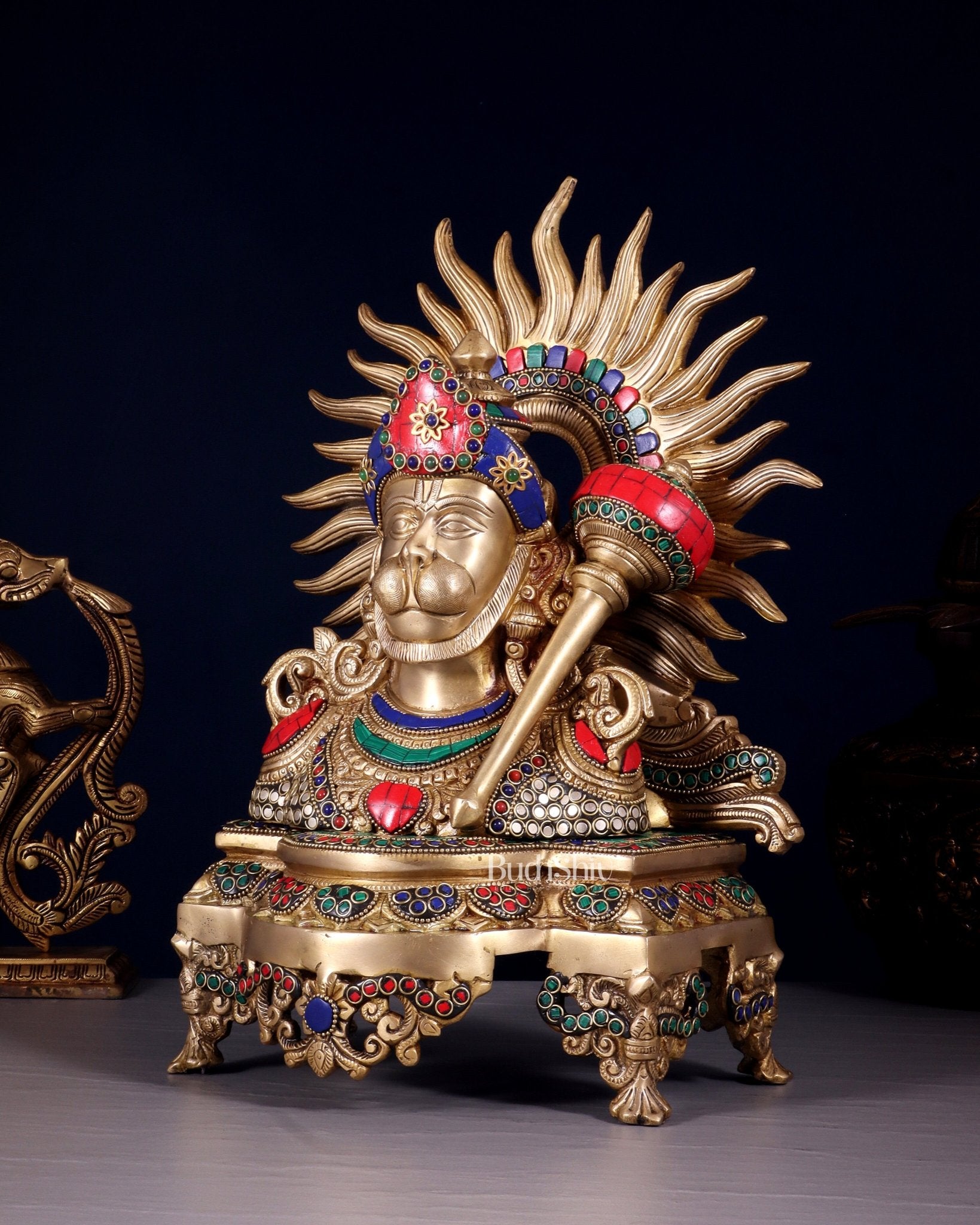 Brass Hanuman ji face statue 14" with stonework - Budhshiv.com
