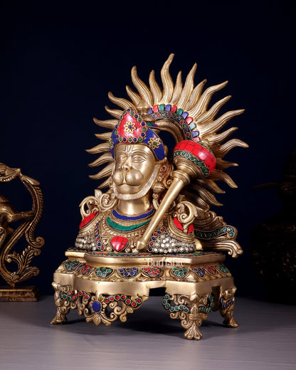 Brass Hanuman ji face statue 14" with stonework - Budhshiv.com