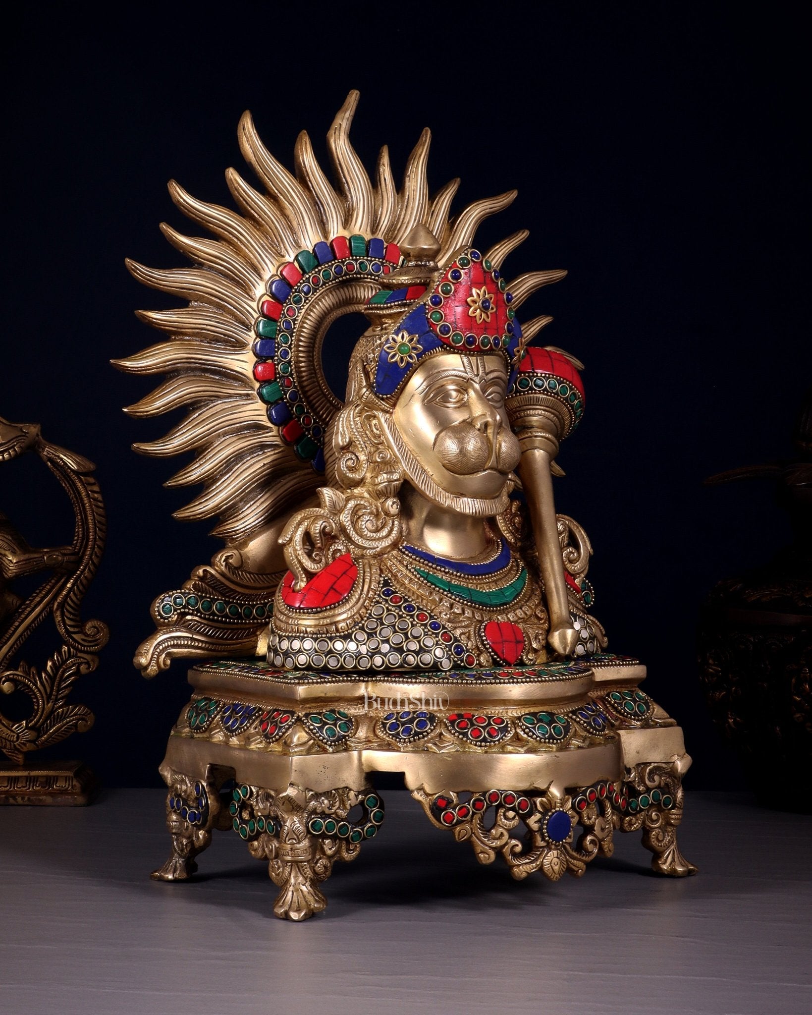 Brass Hanuman ji face statue 14" with stonework - Budhshiv.com