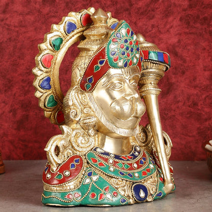 Brass Hanuman Ji face statue with Multicolour Stonework - 8" - Budhshiv.com