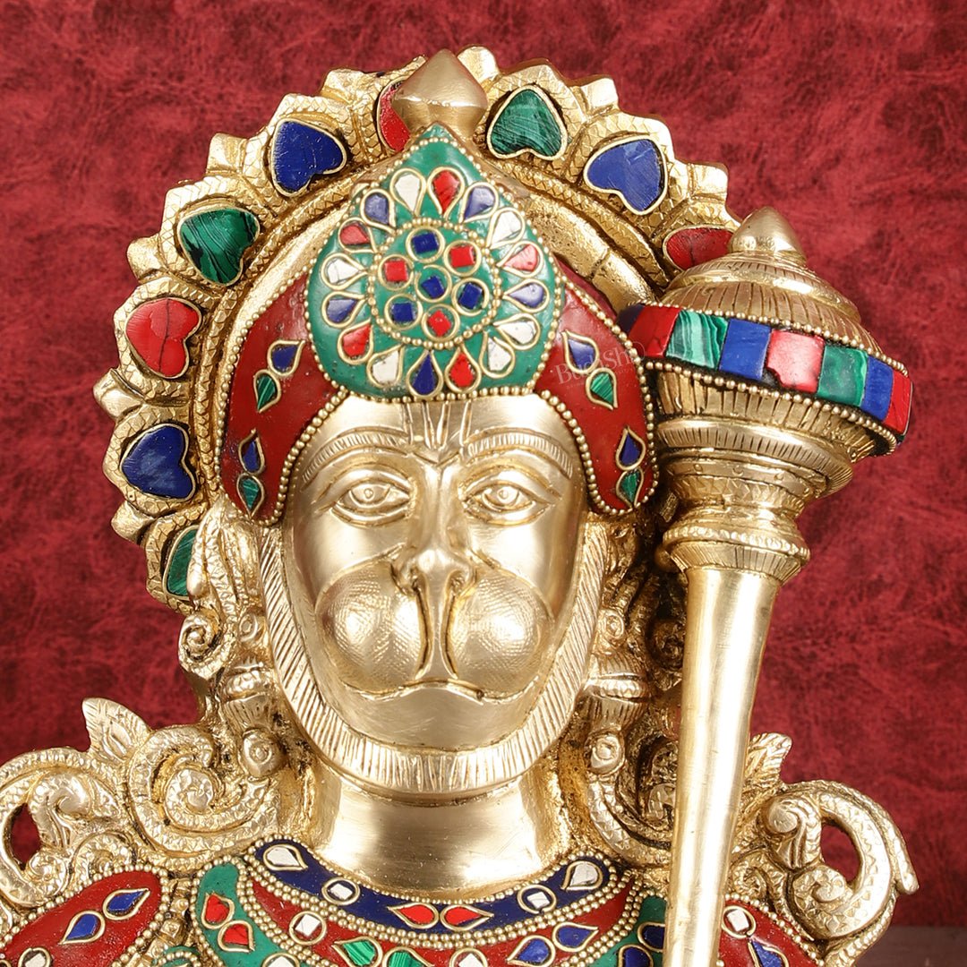Brass Hanuman Ji face statue with Multicolour Stonework - 8" - Budhshiv.com