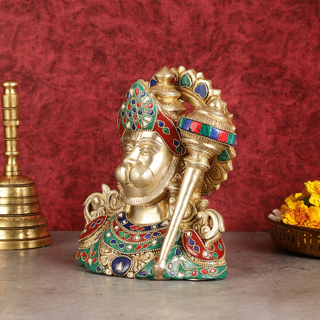 Brass Hanuman Ji face statue with Multicolour Stonework - 8" - Budhshiv.com