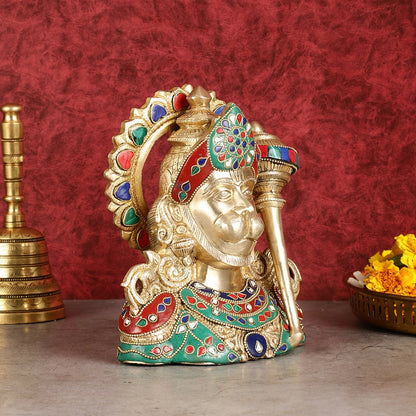 Brass Hanuman Ji face statue with Multicolour Stonework - 8" - Budhshiv.com