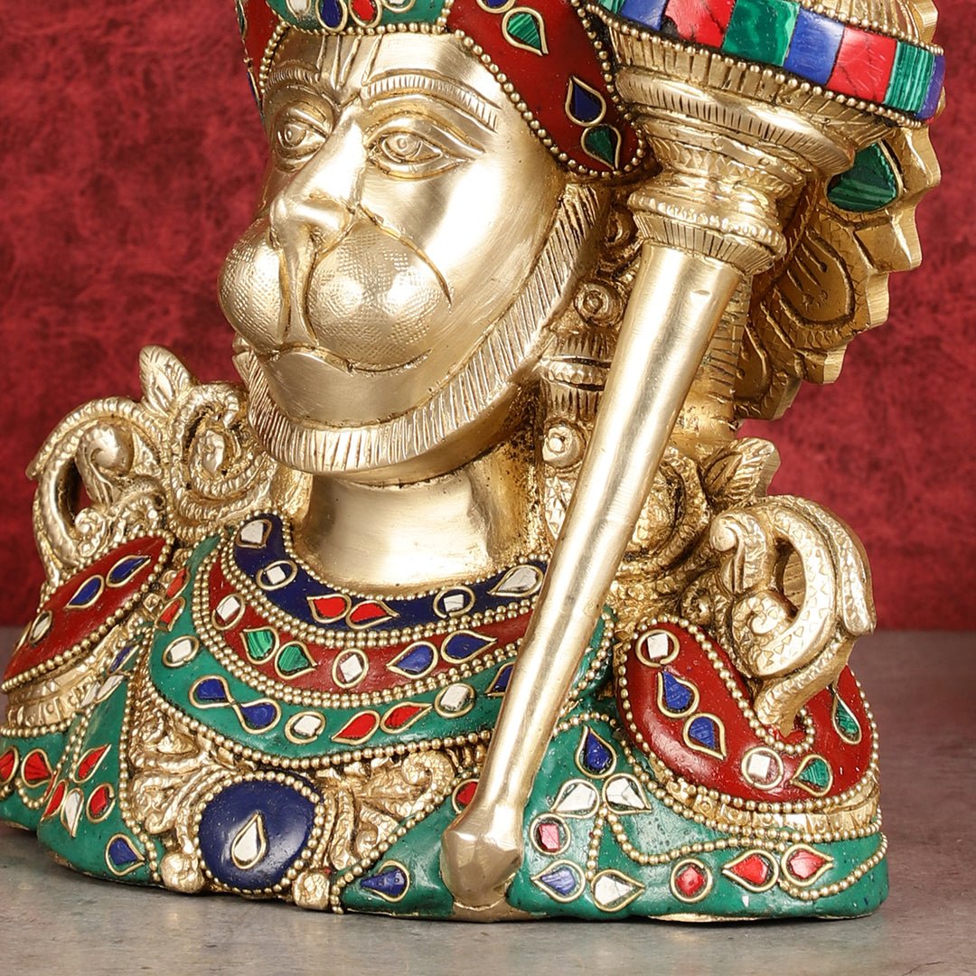 Brass Hanuman Ji face statue with Multicolour Stonework - 8" - Budhshiv.com
