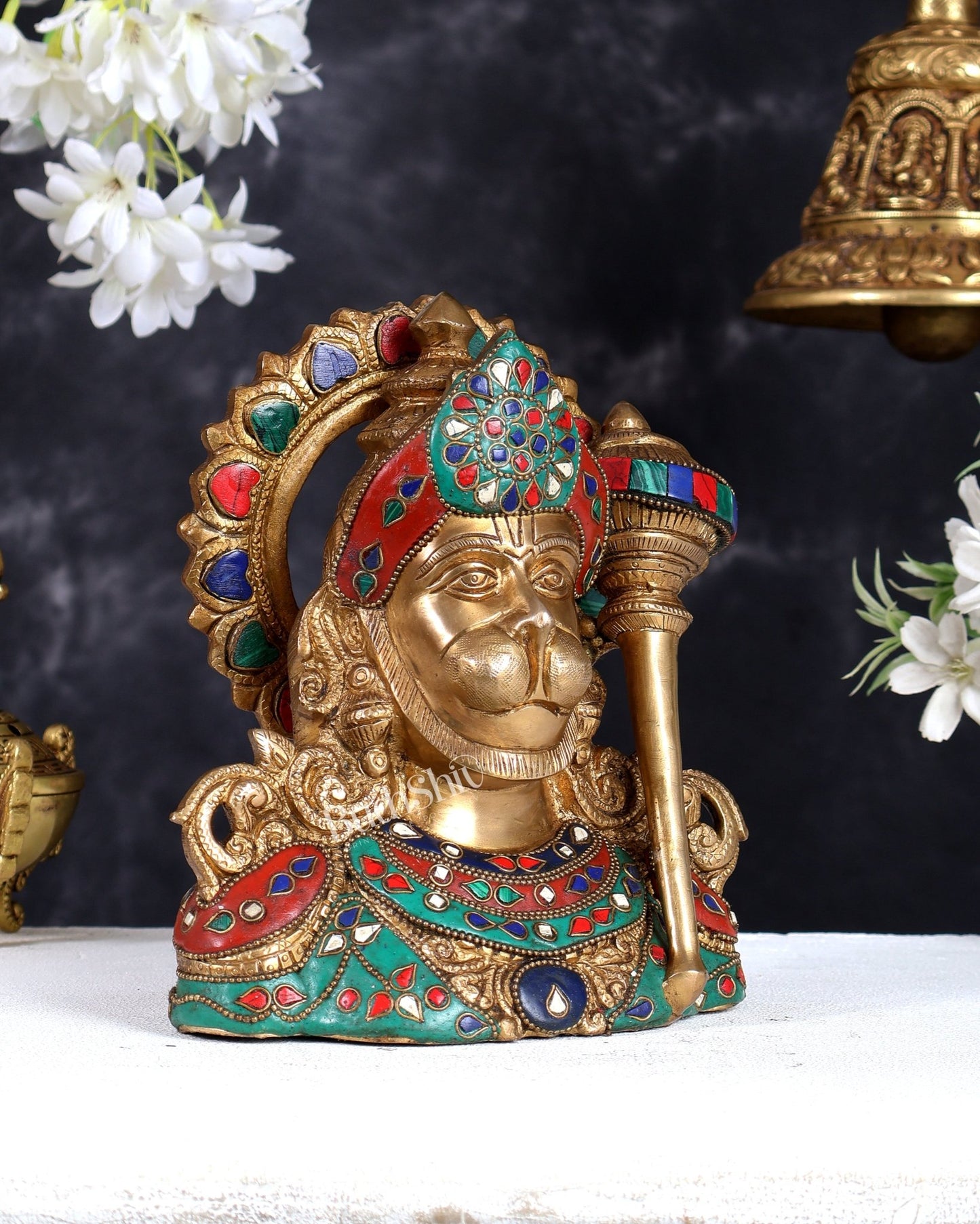 Brass Hanuman Ji face statue with Multicolour Stonework - 8" - Budhshiv.com