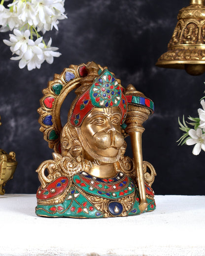 Brass Hanuman Ji face statue with Multicolour Stonework - 8" - Budhshiv.com