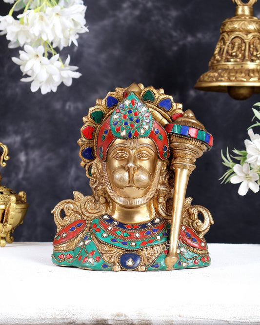 Brass Hanuman Ji face statue with Multicolour Stonework - 8" - Budhshiv.com