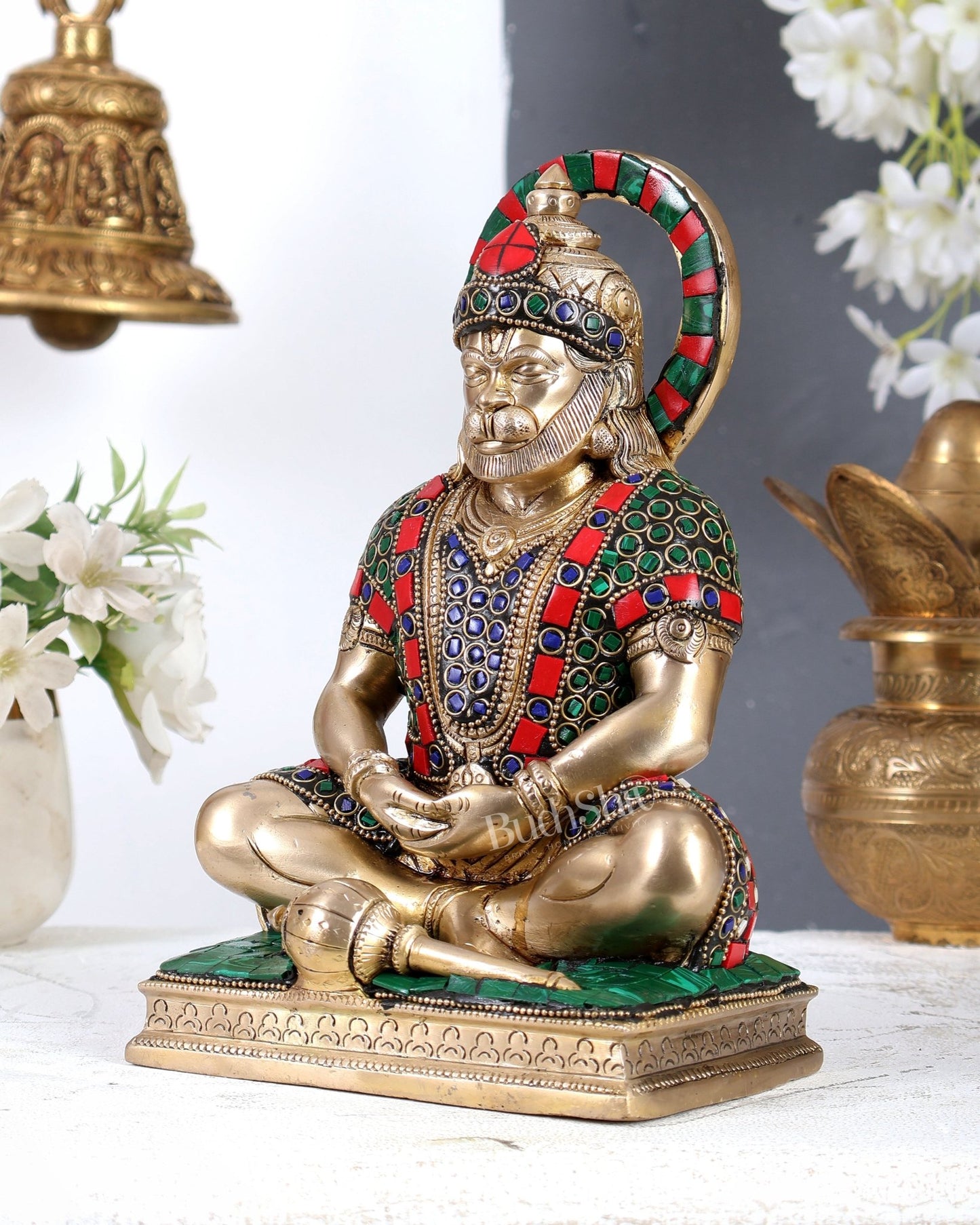 Brass Hanuman Ji in Meditation Statue (9 Inch ) stonework - Budhshiv.com