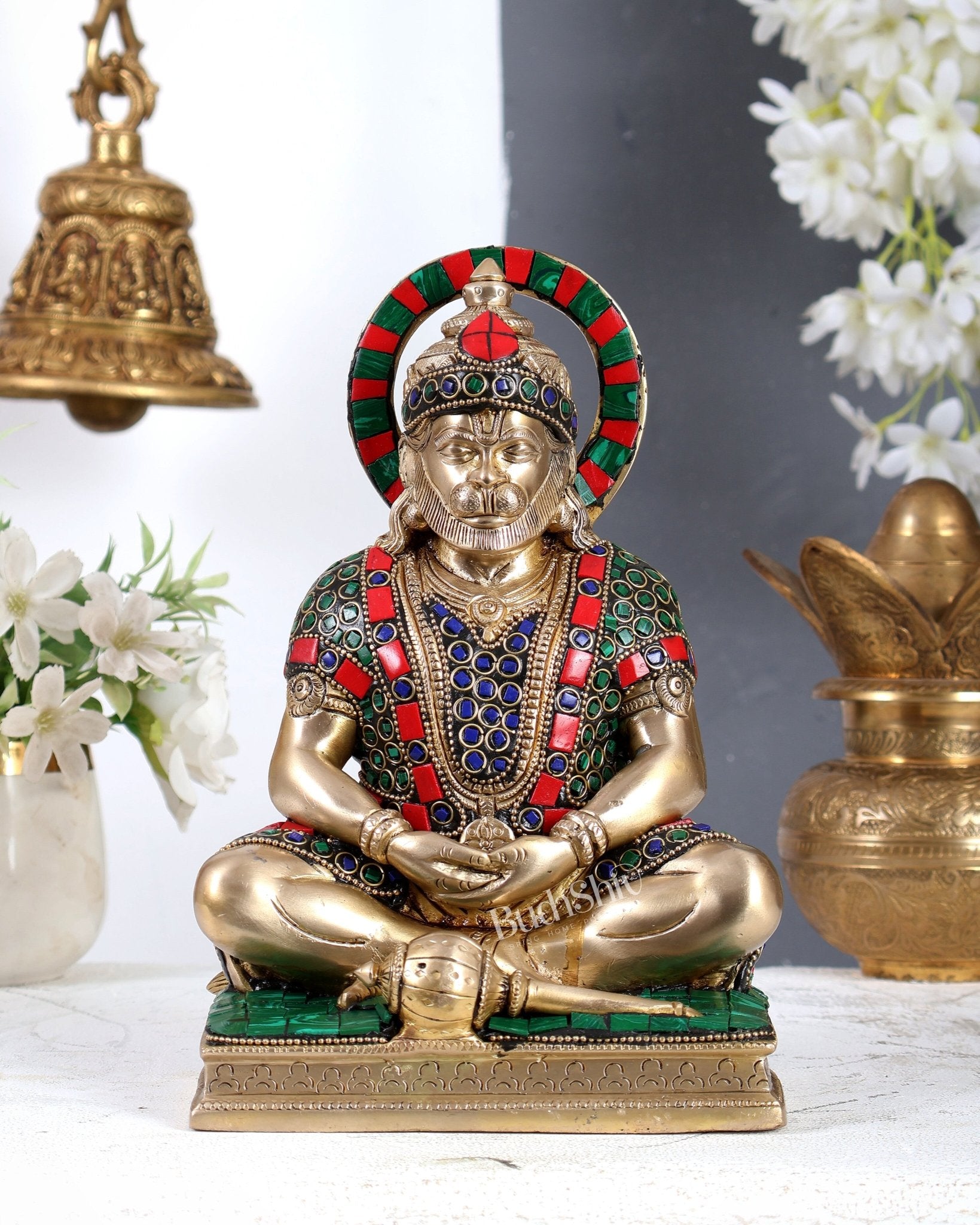 Brass Hanuman Ji in Meditation Statue (9 Inch ) stonework - Budhshiv.com
