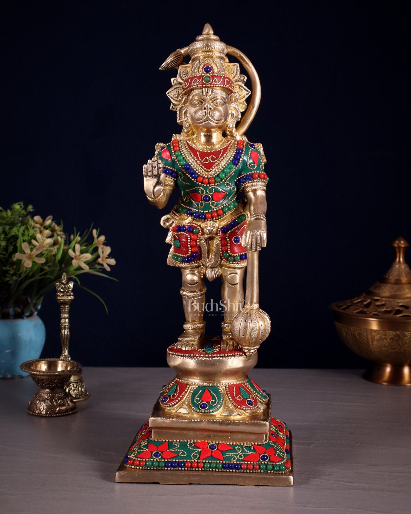 Brass Hanuman Ji Statue in Blessing Mudra – 12” floral stonework - Budhshiv.com