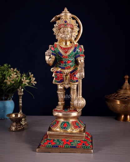 Brass Hanuman Ji Statue in Blessing Mudra – 12” floral stonework - Budhshiv.com