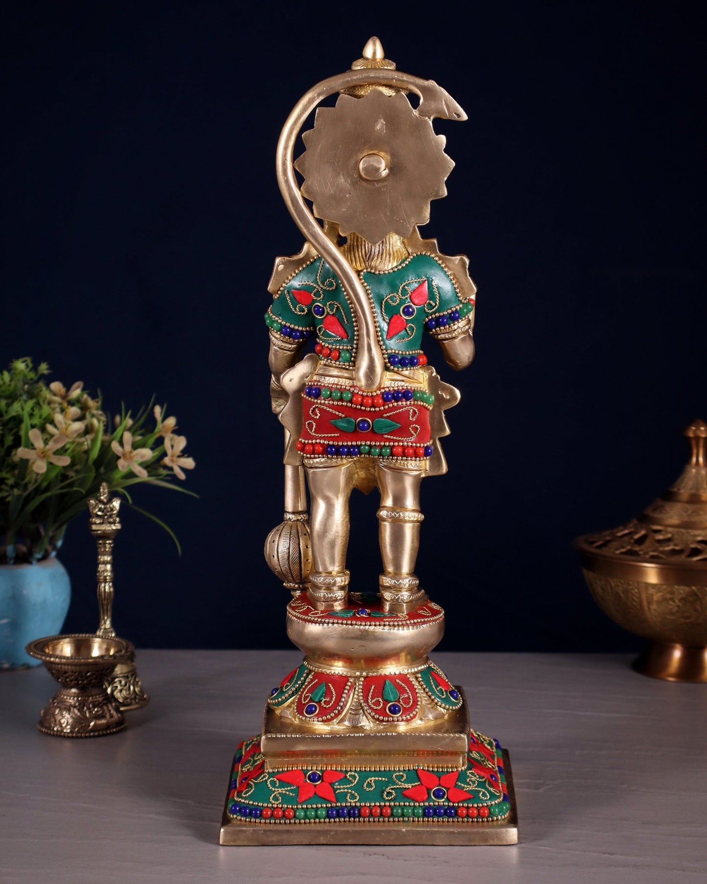 Brass Hanuman Ji Statue in Blessing Mudra – 12” floral stonework - Budhshiv.com