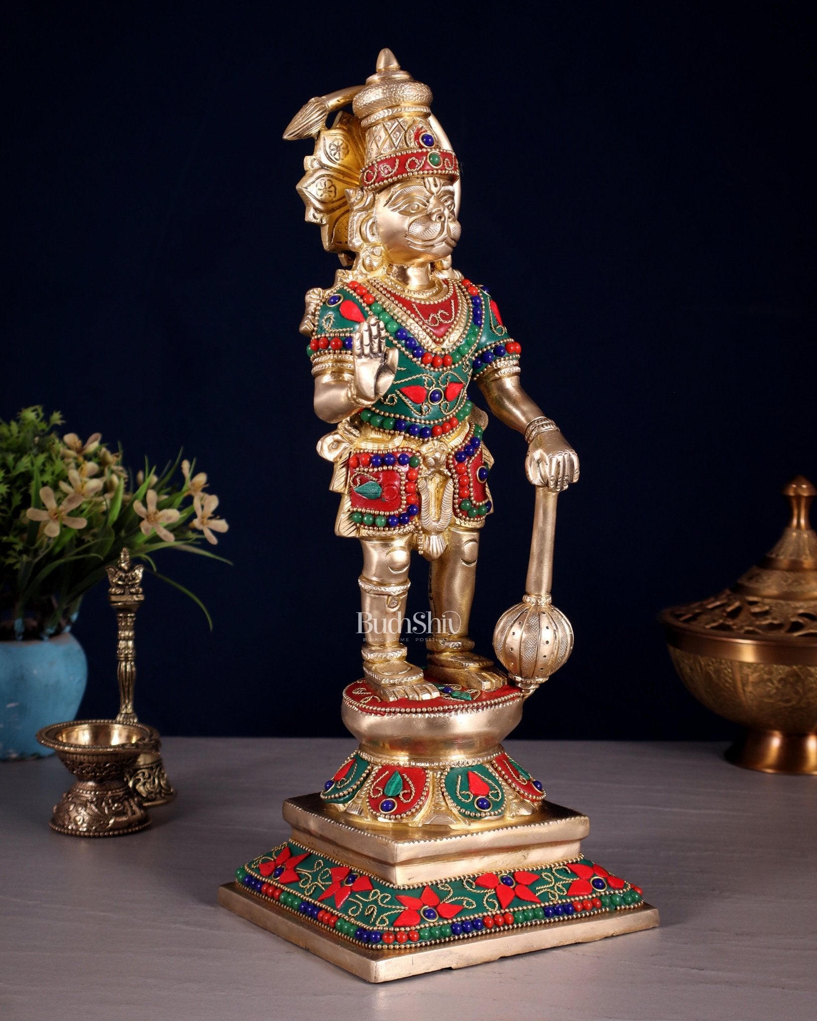 Brass Hanuman Ji Statue in Blessing Mudra – 12” floral stonework - Budhshiv.com