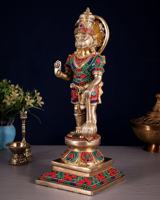 Brass Hanuman Ji Statue in Blessing Mudra – 12” floral stonework - Budhshiv.com