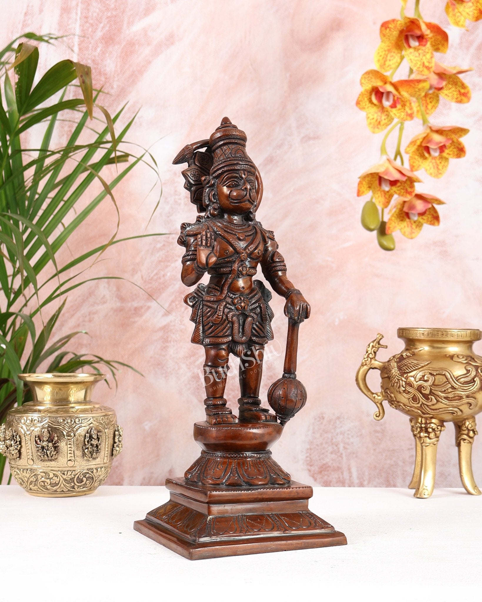 Brass Hanuman Ji Statue in Blessing Mudra 12" indian copper patina tone - Budhshiv.com
