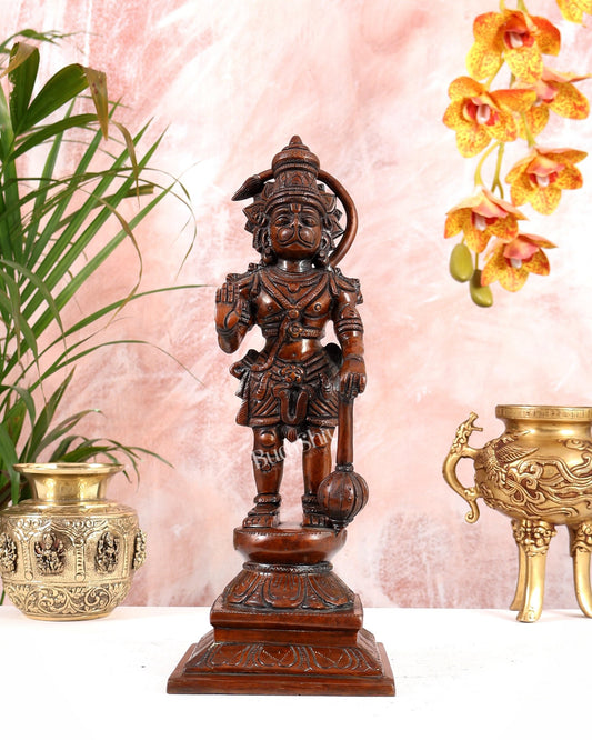 Brass Hanuman Ji Statue in Blessing Mudra 12" indian copper patina tone - Budhshiv.com