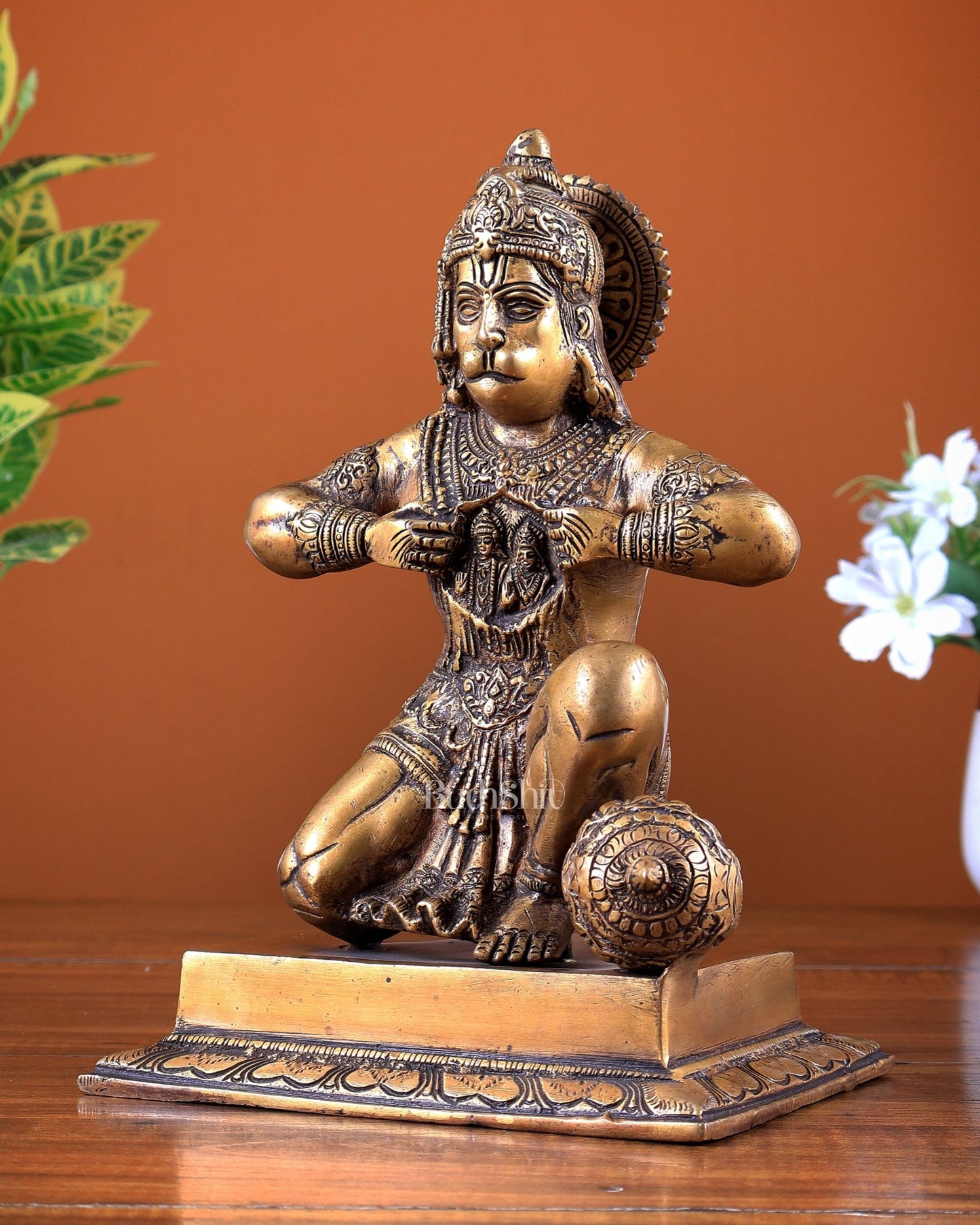 Brass Hanuman Ji with Sita Ram on Chest 8.8 inch - Budhshiv.com