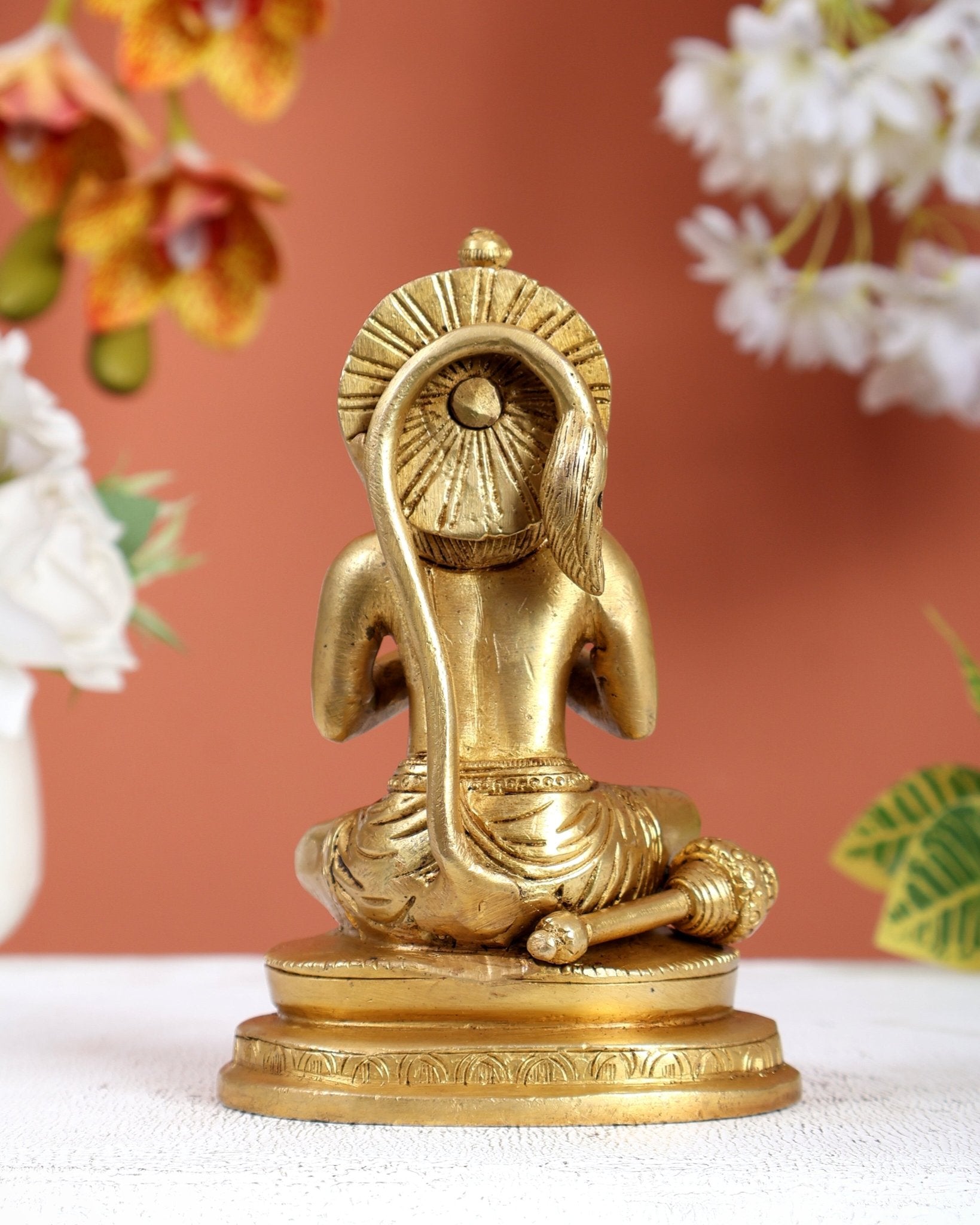Brass Hanuman Statue Sitting in Anjali Namaskar Mudra (6 Inches) - Budhshiv.com