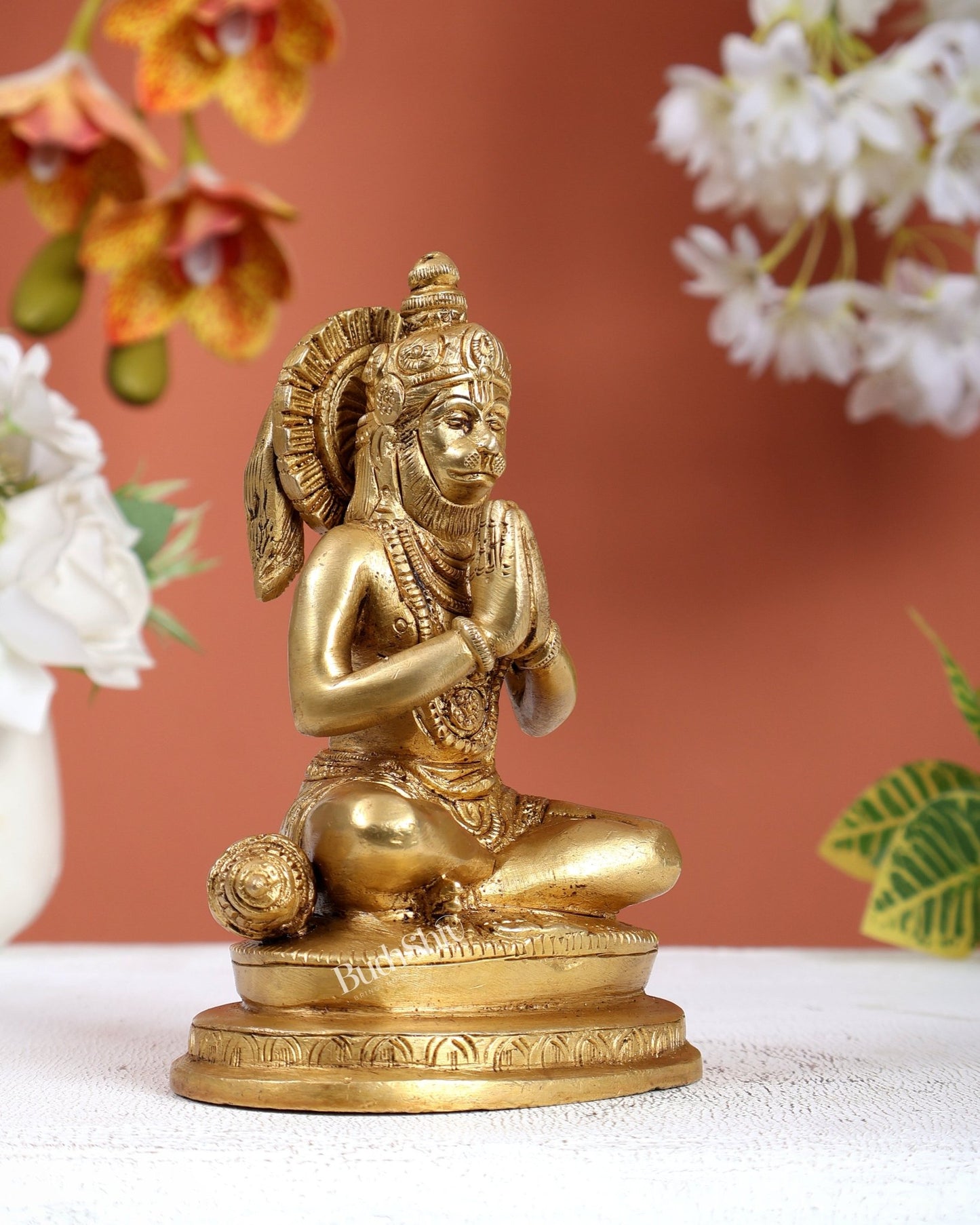 Brass Hanuman Statue Sitting in Anjali Namaskar Mudra (6 Inches) - Budhshiv.com