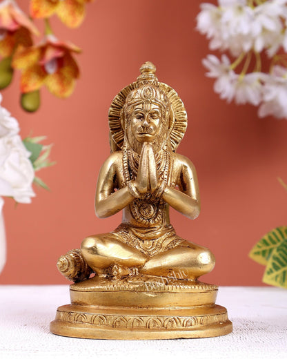 Brass Hanuman Statue Sitting in Anjali Namaskar Mudra (6 Inches) - Budhshiv.com