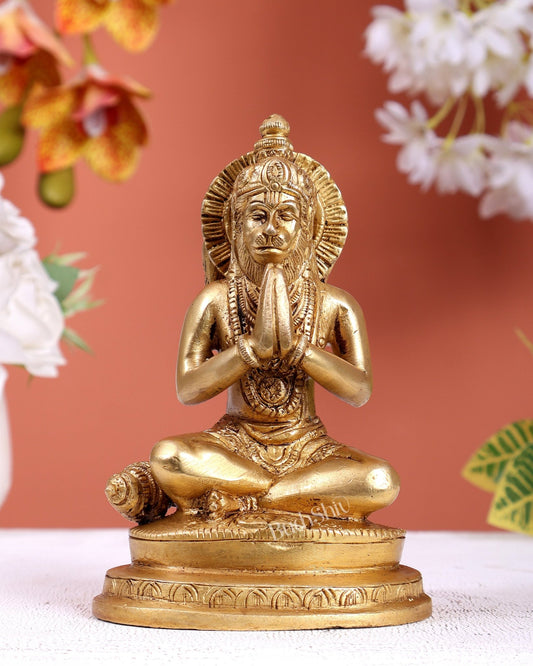 Brass Hanuman Statue Sitting in Anjali Namaskar Mudra (6 Inches) - Budhshiv.com