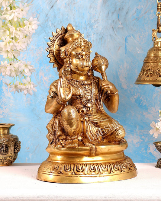 Brass Hanuman Statue with Enhanced Carvings – Divine Bajrangbali Sculpture (15.3 Inches) - Budhshiv.com