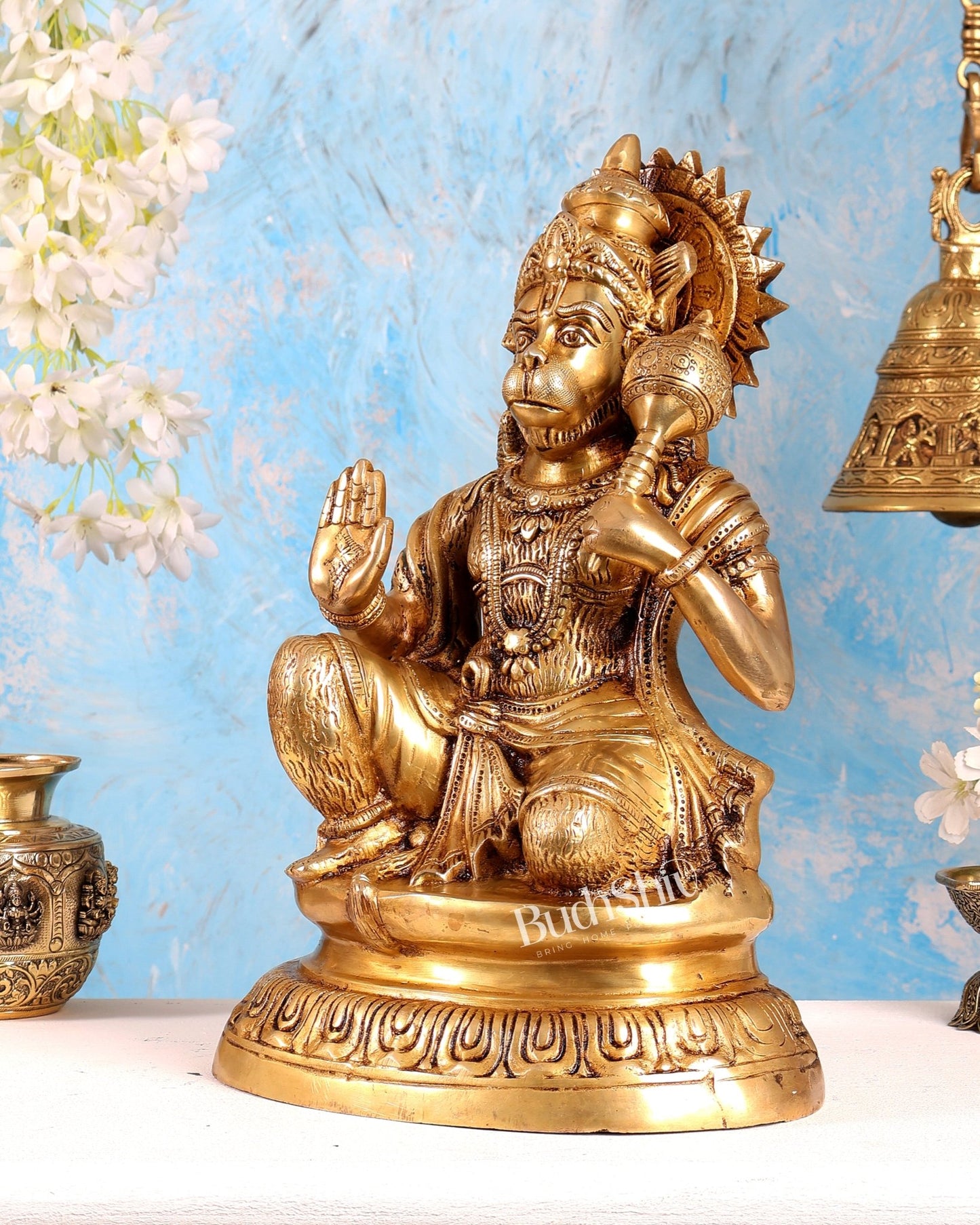 Brass Hanuman Statue with Enhanced Carvings – Divine Bajrangbali Sculpture (15.3 Inches) - Budhshiv.com