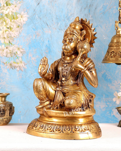 Brass Hanuman Statue with Enhanced Carvings – Divine Bajrangbali Sculpture (15.3 Inches) - Budhshiv.com