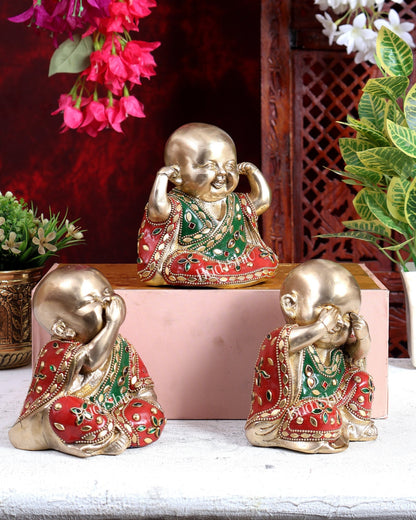 Brass Happy Baby monks set of 3 showpieces - Budhshiv.com